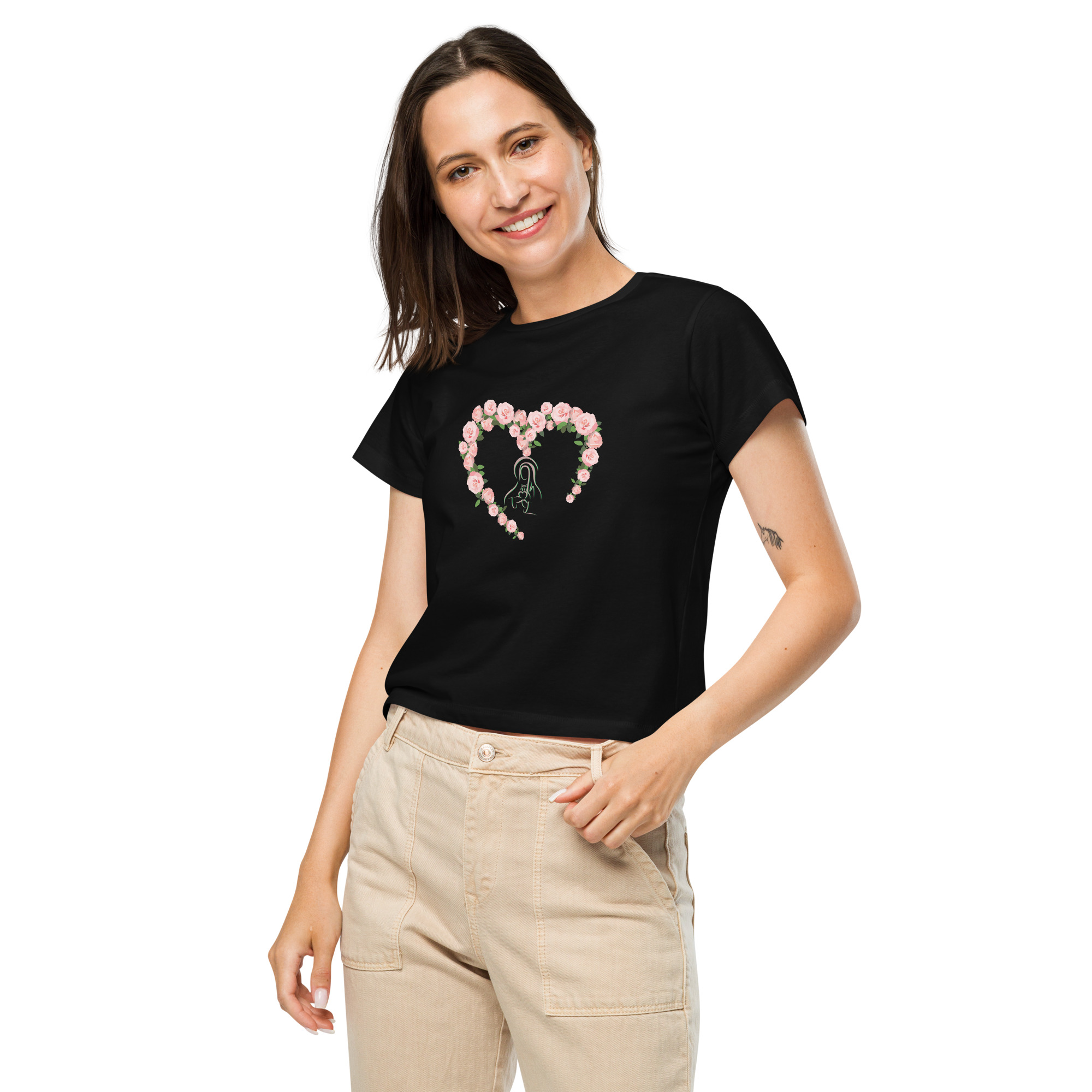 Immaculate Heart Pink Roses | Women's high-waisted t-shirt
